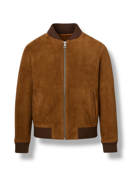 Brown suede jacket with brown trim on a white background