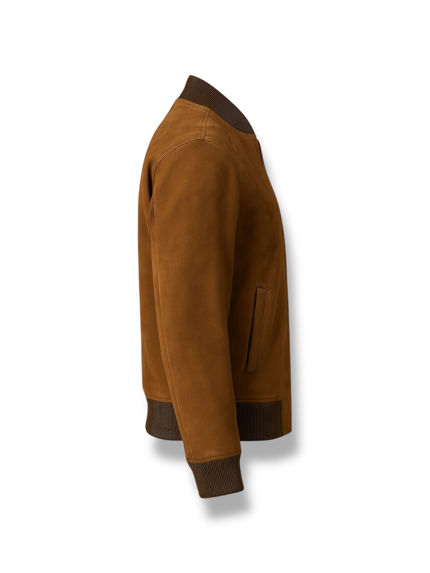 side shot of Brown suede leather jacket with dark brown trim on a white background