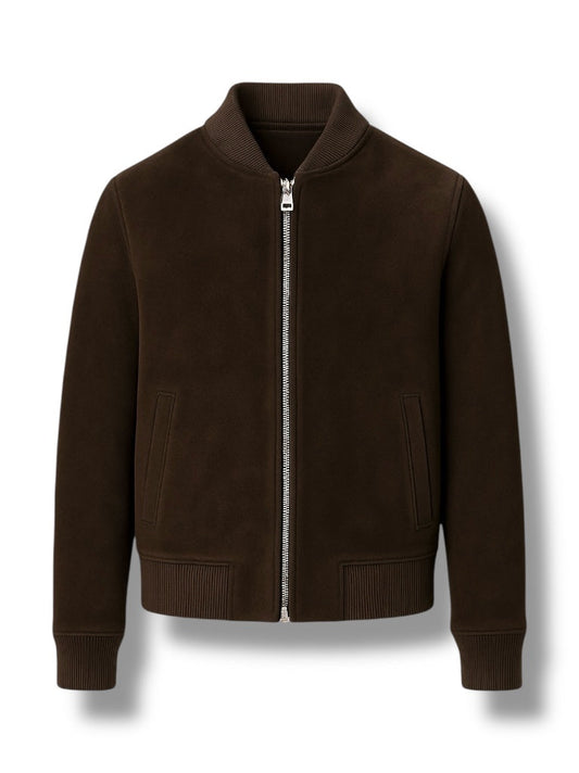 dark suede Brown leather jacket with a zipper on a white background