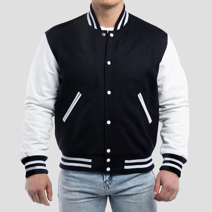 Men's Navy Blue and Bright White Wool Varsity Jacket image 0