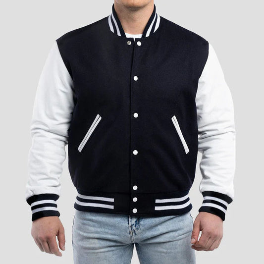 Men's Navy Blue and Bright White Wool Varsity Jacket image 0