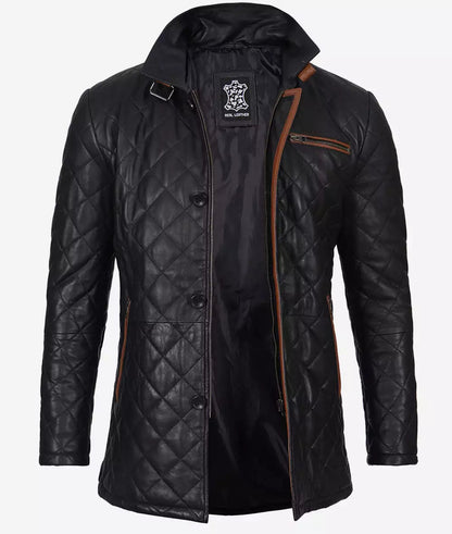 Men's Quilted Black Diamond Leather Car Coat - Brown Detailing image 0