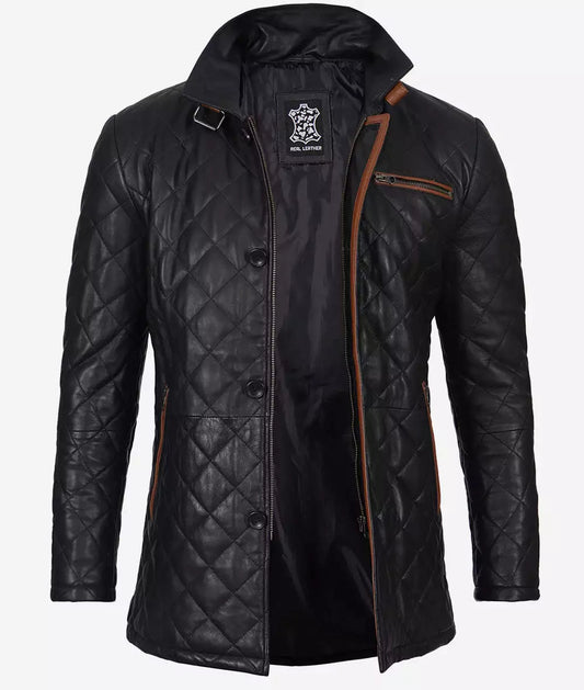 Men's Quilted Black Diamond Leather Car Coat - Brown Detailing image 0
