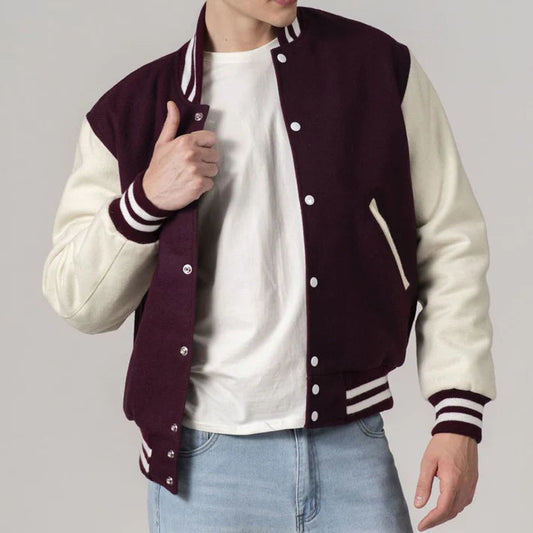 Men's Customizable Maroon & White All-Wool Varsity Jacket image 0