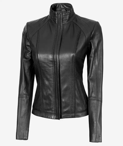Women's Acerra Black Cafe Racer Leather Jacket image 1