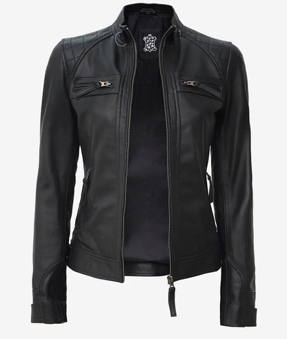 Women's Black Cafe Racer Leather Jacket | Quilted Shoulder image 1