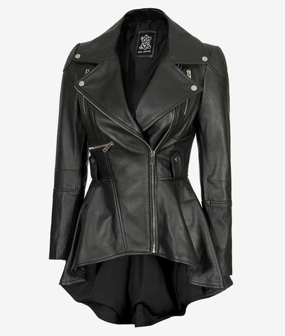 Women's Asymmetrical Peplum Black Leather Jacket image 0
