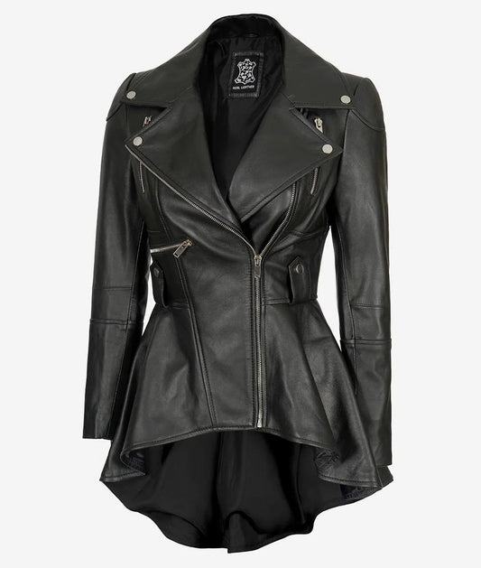 Women's Asymmetrical Peplum Black Leather Jacket image 0