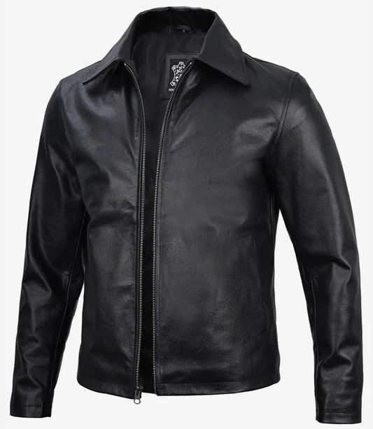 Men's Black Cowhide Shirt Collar Leather Jacket image 0