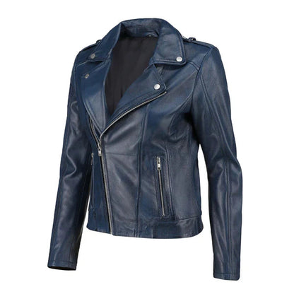 Women's Blue Handwaxed Zip-Up Moto Leather Jacket image 1