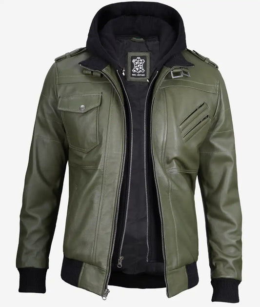 Men's Military Green Real Leather Bomber Jacket with Hood image 0