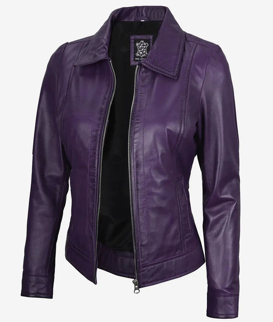 Women's Purple Shirt Collar Leather Jacket image 0