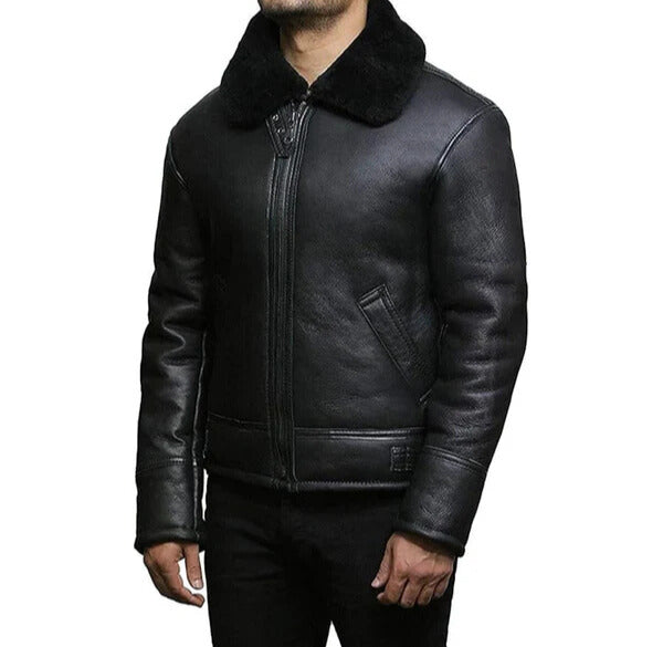 Men's Faux Shearling Real Black Leather Jacket image 1