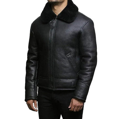 Men's Faux Shearling Real Black Leather Jacket image 1
