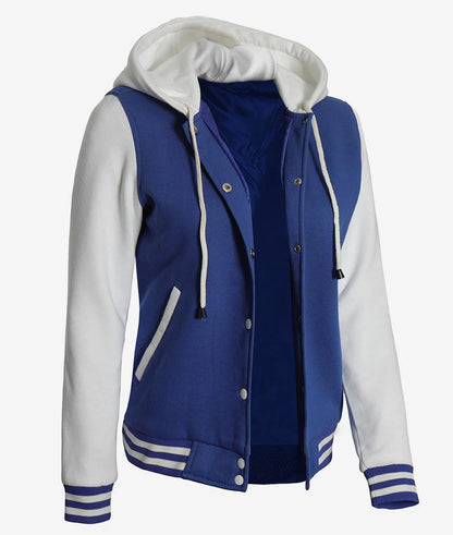 Women's Royal Blue and White Letterman Hooded Jacket image 1