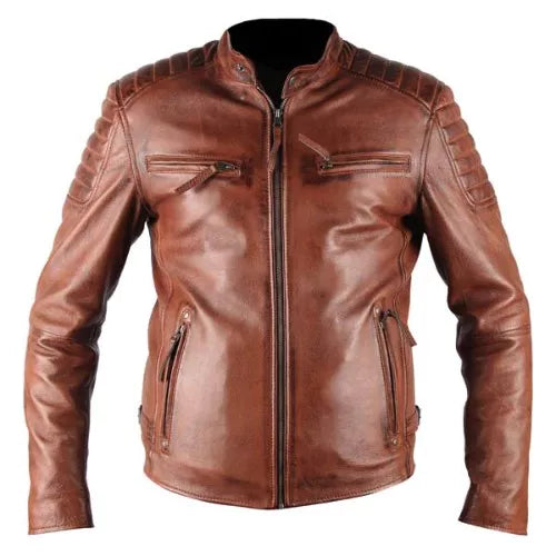 ATX 3 Cross Pockets Brown Waxed Genuine Real Leather Jacket image 0