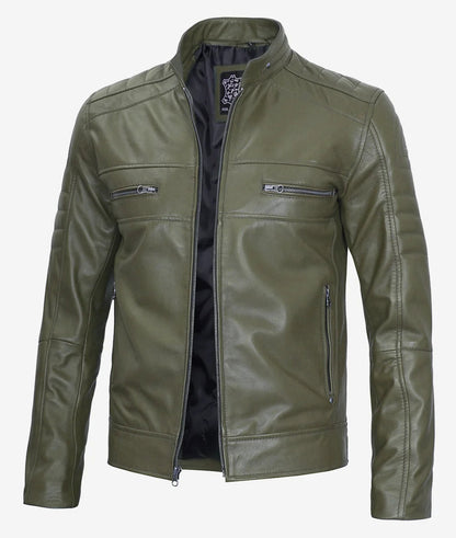 Men's Military Green Cafe Racer Leather Jacket image 0