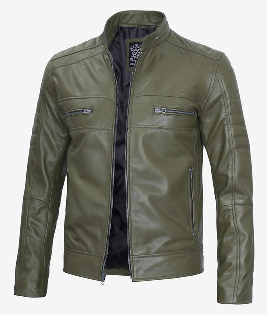 Men's Military Green Cafe Racer Leather Jacket image 0