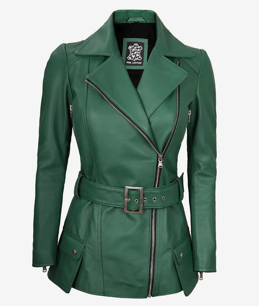 Women's Green Asymmetrical Moto Belted Leather Jacket image 0
