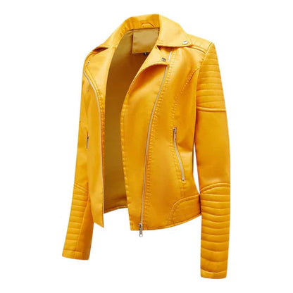 Women's Yellow Lapel Collar Biker Leather Jacket image 1