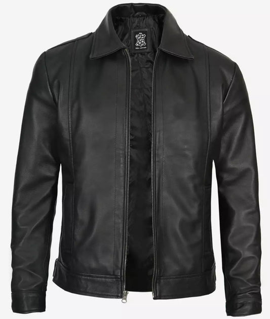 Men's Black Shirt Collar Vintage Leather Jacket image 0