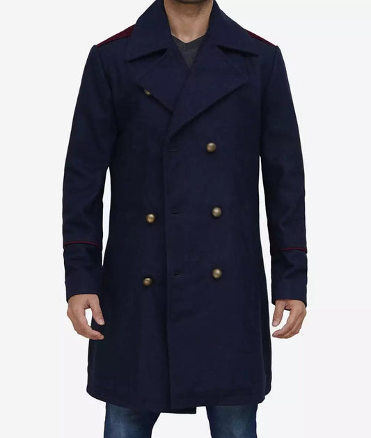 Men's Double-Breasted Navy Blue Long Wool Coat image 0
