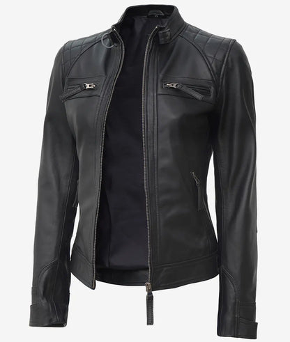 Women's Black Cafe Racer Leather Jacket | Quilted Shoulder image 0