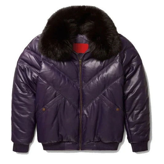 Men's V-Bomber Faux Shearling Purple Leather Jacket image 0