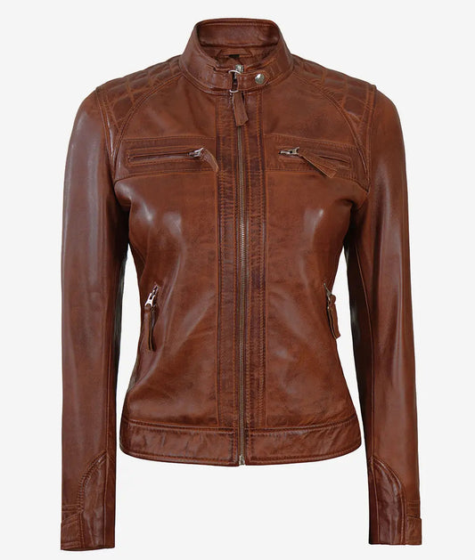 Women's Cognac Cafe Racer Leather Jacket | Quilted Shoulder image 0