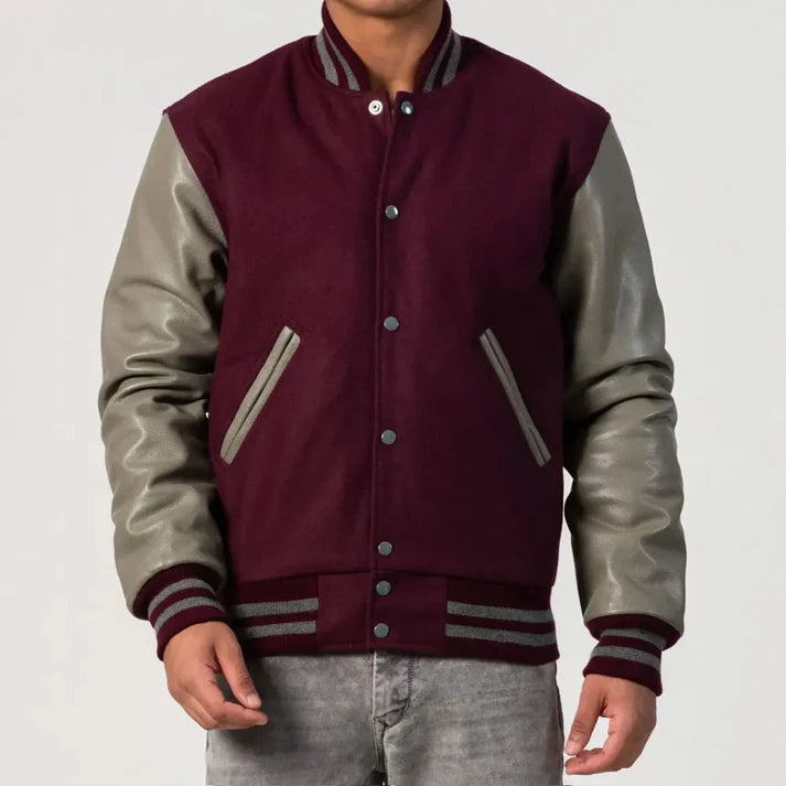 Men's Maroon & Grey Leather Sleeves Varsity Jacket image 0