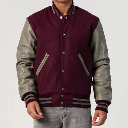 Men's Maroon & Grey Leather Sleeves Varsity Jacket image 0