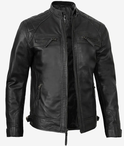 Men's Black Leather Quilted Cafe Racer Jacket image 1