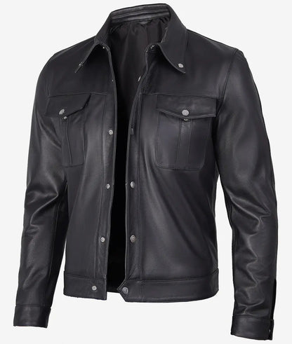Men's Black Premium Trucker Leather Jacket : GRANDEUR EDITION image 0