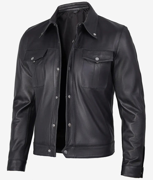 Men's Black Premium Trucker Leather Jacket : GRANDEUR EDITION image 0
