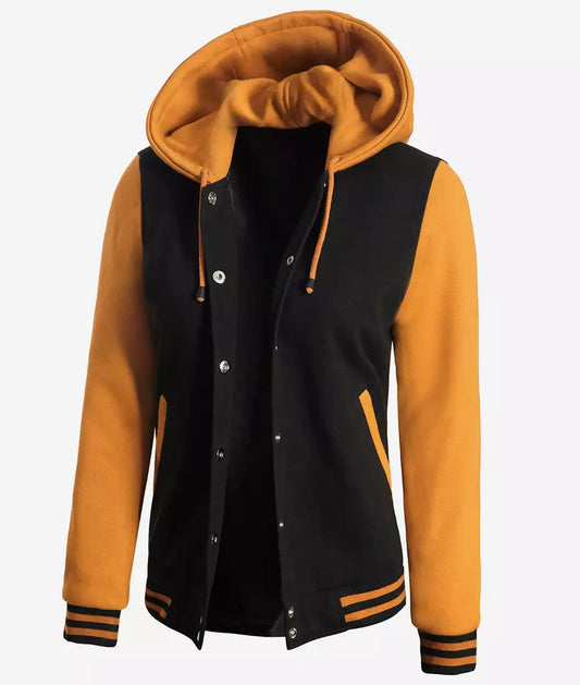 Women's Yellow and Black Hooded Varsity Jacket image 0