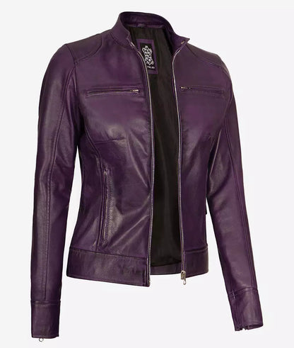 Dodge Women's Purple Cafe Racer Real Lambskin Leather Jacket image 1
