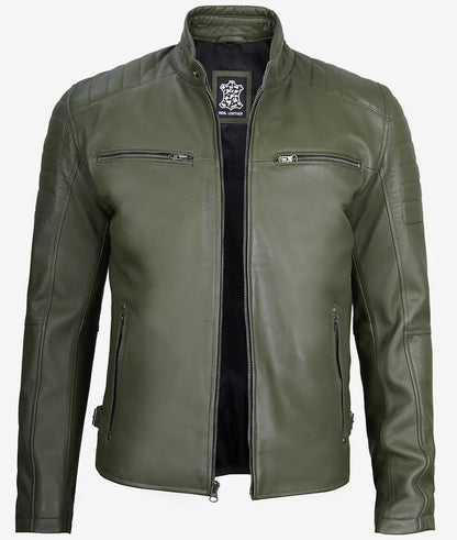 Men's Military Green Cafe Racer Leather Jacket image 1