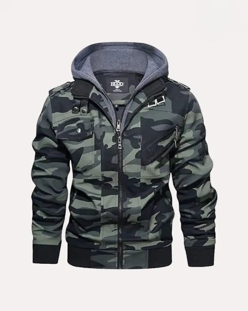 HOOD CREW Mens PU Faux Leather Motorcycle Bomber Jacket With a Removable Hood image 0