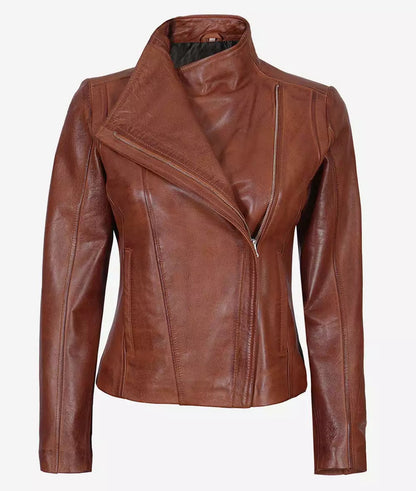 Women's Cognac Asymmetrical Leather Moto Jacket image 0