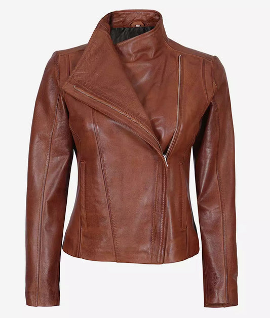 Women's Cognac Asymmetrical Leather Moto Jacket image 0