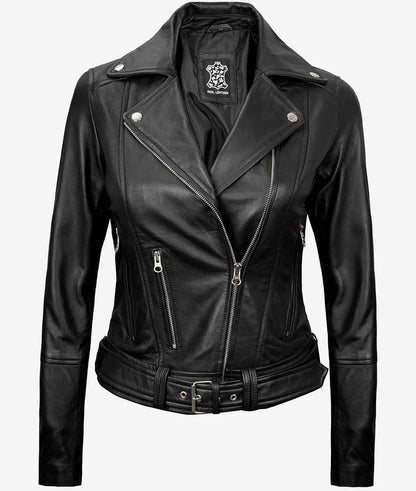 Women's Black Asymmetrical Belted Leather Moto Jacket image 0