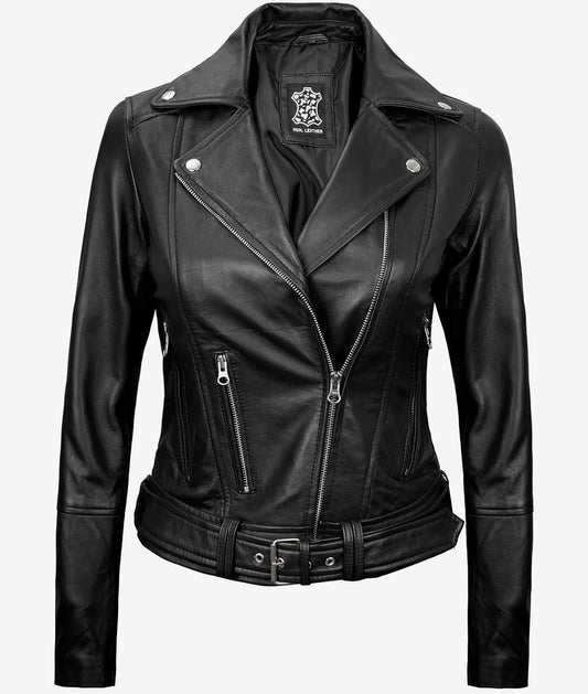 Women's Black Asymmetrical Belted Leather Moto Jacket image 0