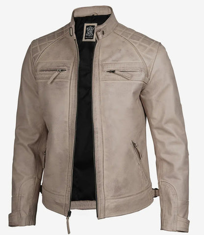 Men's Cafe Racer Quilted Shoulder Beige Leather Jacket image 0
