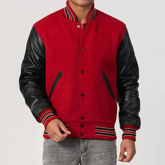 Men's Scarlet Red & Black Wool Varsity Jacket image 0