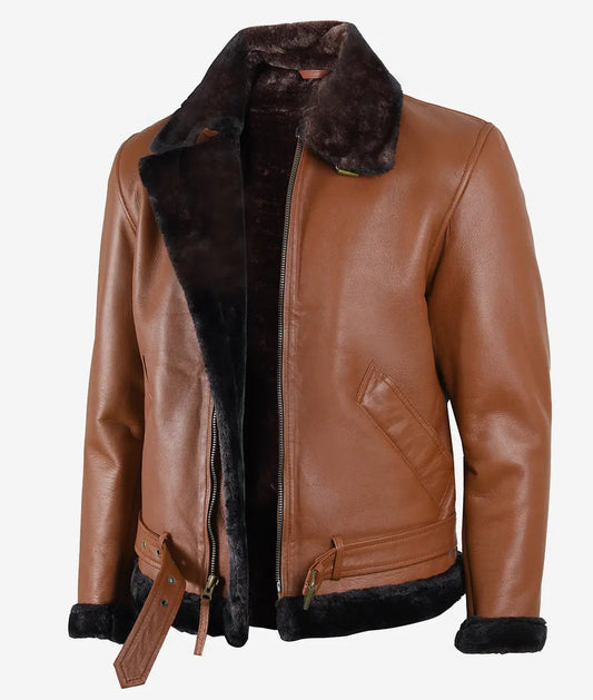Men's Cognac Leather Shearling Bomber Jacket with Shearling Collar and Cuffs. image 0