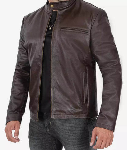 Men's Premium Dark Brown Cowhide Cafe Racer Leather Jacket image 1