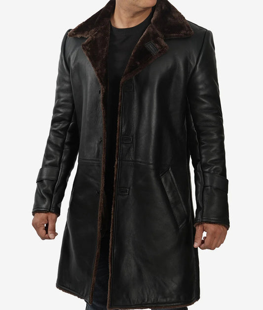 Men's Black 3/4 Length Shearling Coat - Winter Coat image 0