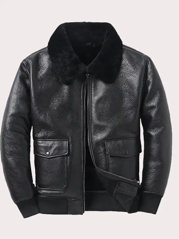 Mens Black Aviator Shearling Sheepskin Bomber Jacket image 0