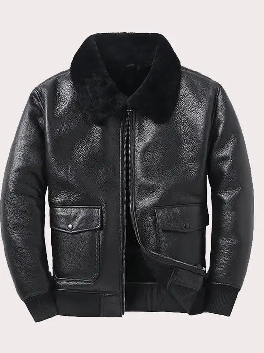 Mens Black Aviator Shearling Sheepskin Bomber Jacket image 0