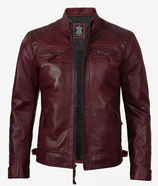 Men's Real Lambskin Leather Maroon Biker Jacket with Quilted Shoulders image 0